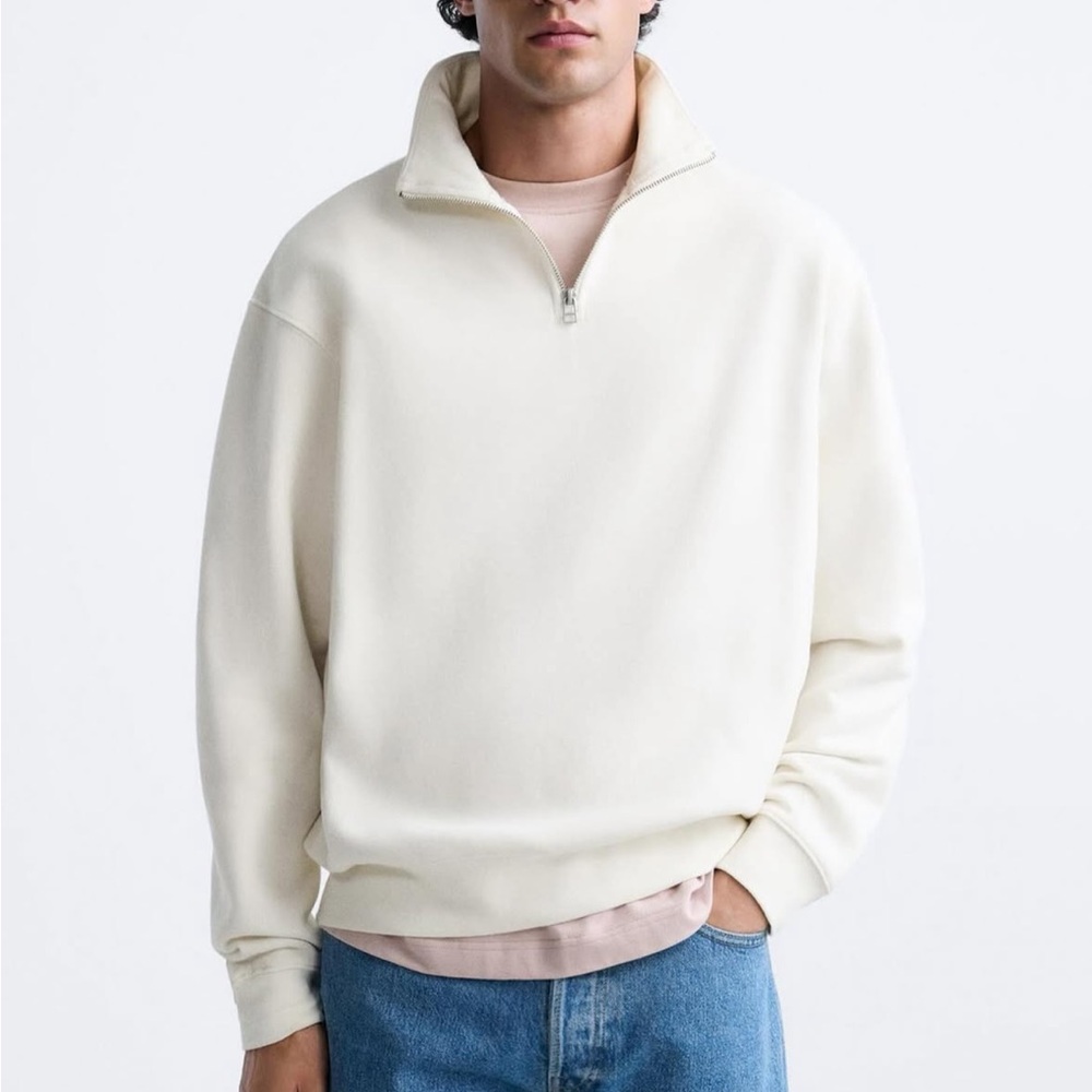 ZARA Quarter Zip Cream Pullover Sweatshirt - Classic Crew